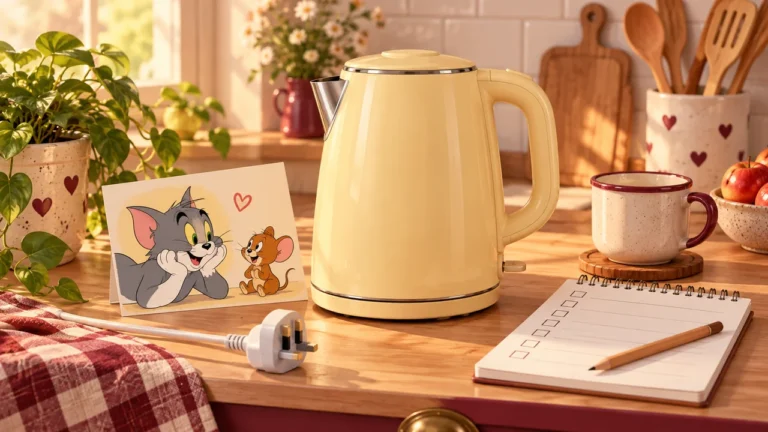 Tom and Jerry kettle buying-guide illustration with a plain kettle and cat-and-mouse artwork