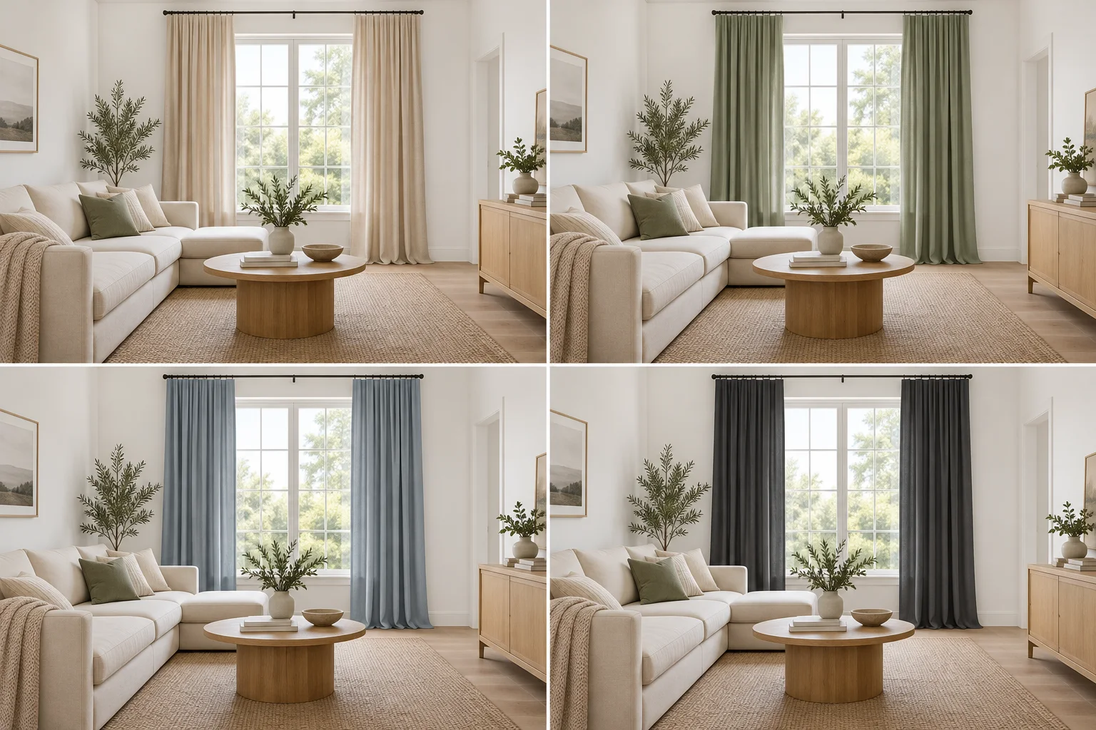 Four curtain color pairings showing what colors go with white walls: oatmeal, sage, dusty blue and charcoal